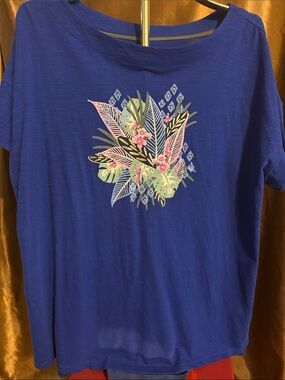 Kim Rogers Royal Blue Short Sleeve Tee with Tropical Leaf Print